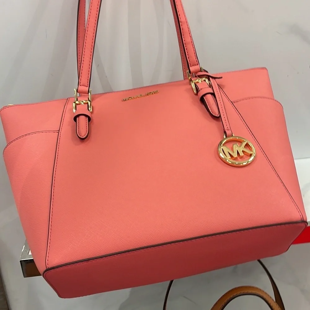 MICHAEL KORS Charlotte Large Leather Top-Zip Tote Tea Rose